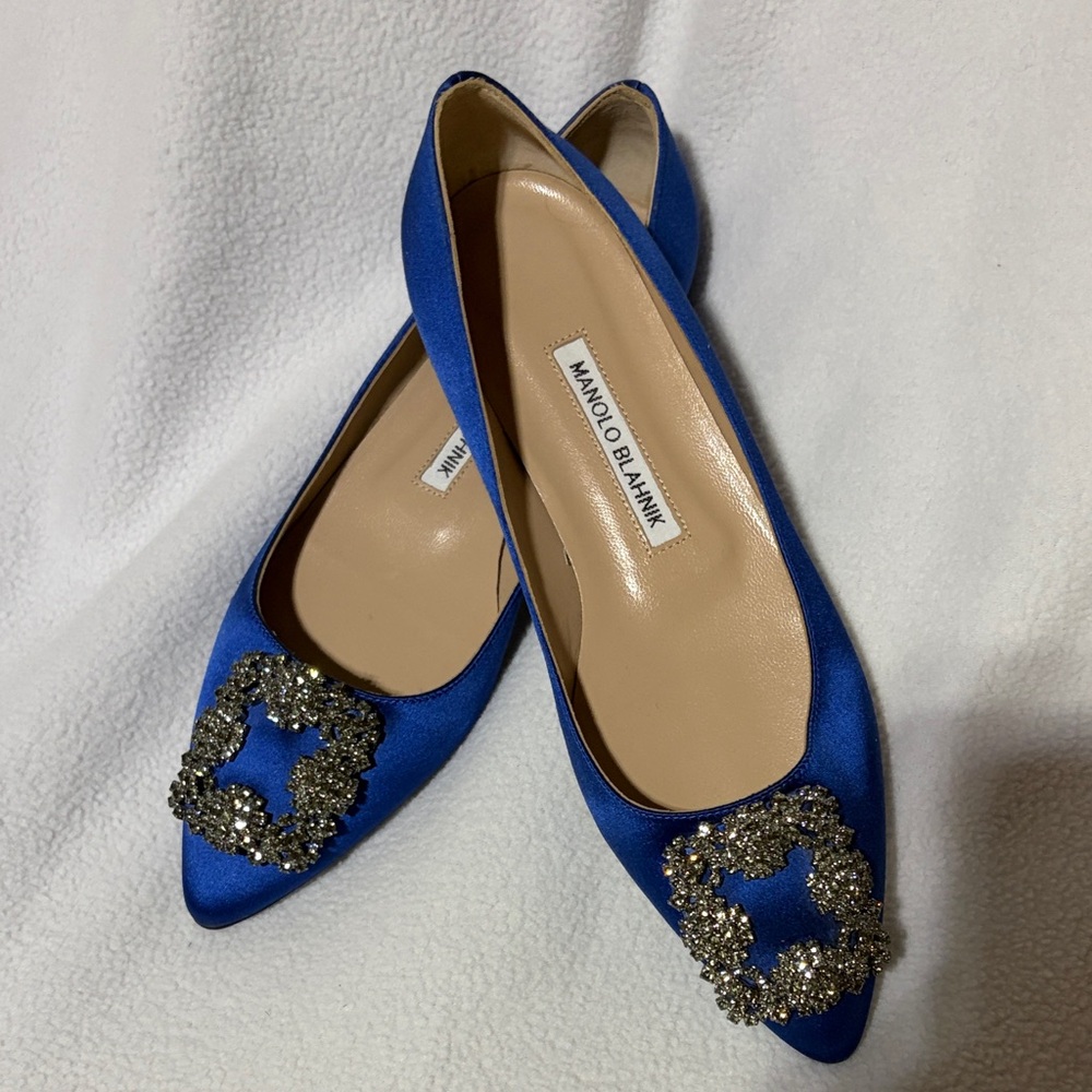 Manolo Blahnik Royal Blue Satin Loafers with Crystal Detail